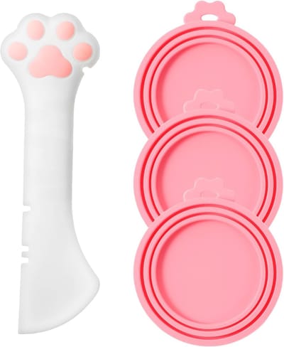 3 stuks kattenvoer kan deksels en 1 stuk siliconen kattenvoer lepel, schattige kat blikopener, kattenvoer spatel, roze dierenvoer blikdeksels voor katten en honden voedselblikken