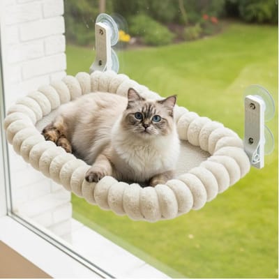 Famanu – Opvouwbare kattenraam hangmat met zomer- en winterkussen, versterkt frame en zuignappen, beige