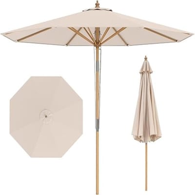 Tuinparasol 270 cm Rond – Kantelbaar 30° – Bamboe Houten Stok – Katrolsysteem – UV-Zonwering – Balkon, Tuin & Terras – Beige – Nicolehome