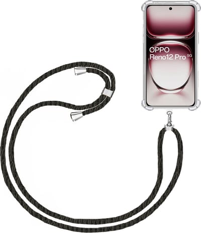 Telefoonkoord + Hoesje Geschikt voor OPPO Reno 12 - Lengte Verstelbaar - Telefoonketting - Shock Proof Case - Zwart