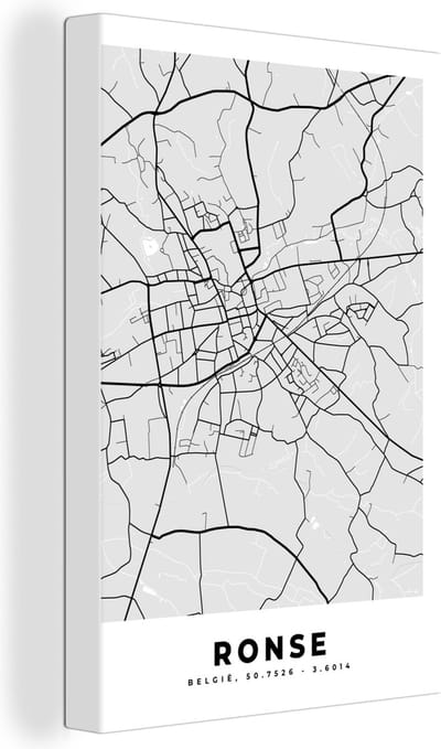 Canvas Schilderij Plattegrond – Ronse – Zwart Wit – Stadskaart - Kaart - 20x30 cm - Wanddecoratie