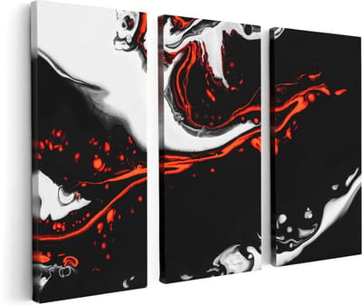 Artaza Canvas Schilderij Drieluik Abstracte Kunst - Zwart en Wit met Rood - 120x80 cm - Wanddecoratie Woonkamer - Schilderijen - Muurdecoratie