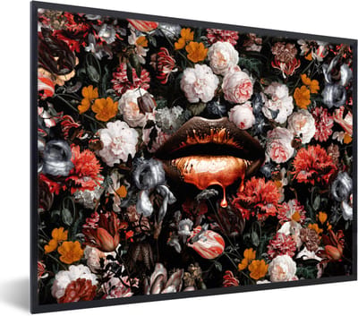 Fotolijst incl. Poster - Lippen - Bloemen - Verf - Oranje - Kunst - Abstract - Oude meesters - 80x60 cm - Posterlijst