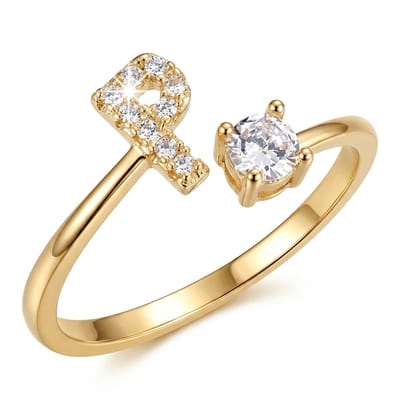 Goudkleurige witkleurige ring dames met initiaal P en ronde steen – open ring verstelbaar letter ring met strass details en zirkonia look