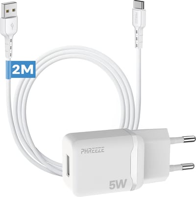 Phreeze usb oplader 5 W - Usb naar usb C kabel 2m - Voor opladen smartphone tablet ereader accessoires 5v 1a adapter