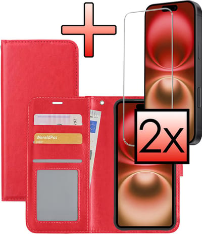 Hoesje - Met 2x Screenprotector - Geschikt voor Apple iPhone 16 - Luxe Pasjeshouder - Bookcase Portemonee - Flip Case - Kunstleer Book Case - Flipcase Hoes - Book Cover - Walletcase - Portemonneehoes - Rood