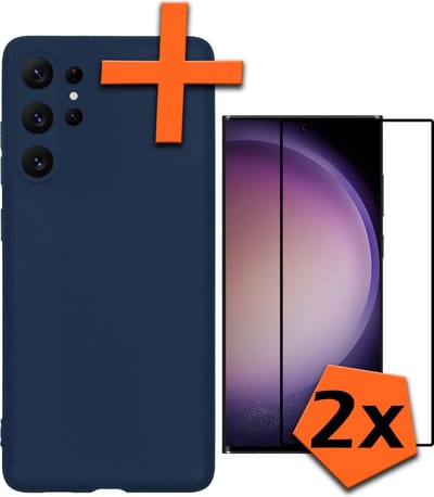Hoes - Met 2x Screenprotector - Geschikt voor Samsung Galaxy S23 Ultra - Sterk & Shockproof - Back Cover - Siliconen Case - Telefoon Hoes - Donkerblauw