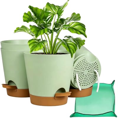Dailygoods- Bloempot Zelfwaterend 17,8cm - Set van 4 - Kunststof - Irrigatiesysteem - Plantenpot met Schotel - Geschikt voor Kamer- en Balkonplanten - Plantenbak