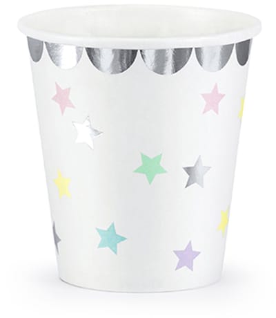 PARTYDECO - 6 sterrenbekers 180 ml van pastelkleurig karton met zilveren accenten