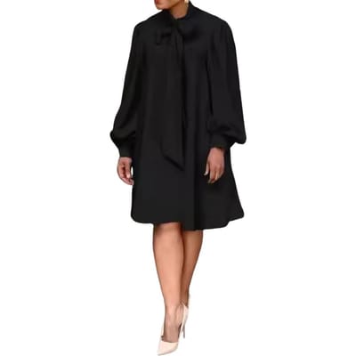 Vrouwen Losse Jurk Vetersluiting Strik Hals Lange Lantaarn Mouwen Effen Kleur Knie Lengte Formele OL Commute Midi Jurk S