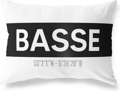 Tuinkussen BASSE - OVERIJSSEL met coördinaten - Buitenkussen - Bootkussen - Weerbestendig - Jouw Plaats - Studio216 - Modern - Zwart-Wit - 50x30cm