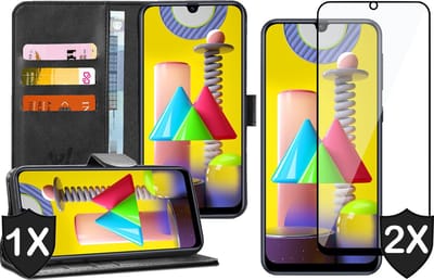 Hoesje geschikt voor Samsung Galaxy M31 - 2x Screen Protector FullGuard - Book Case Kunstleer Pasjeshouder Zwart & Screenprotector
