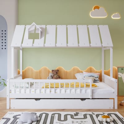 REDOM Kinderbed – 120x200 cm – Met uitschuifbed & 3-zijdig hek – Grenenhout & MDF – Wit