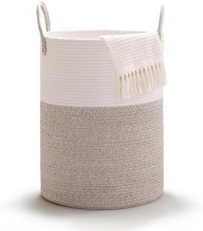 Gevlochten wasmand met handvat, ronde opbergmand voor dekens en speelgoed, 38 x 50 cm, ideaal voor woonkamer of wasruimte, stijlvol en praktisch