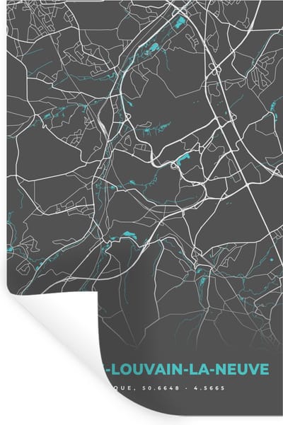 Muurstickers - Sticker Folie - België – Ottignies Louvain la Neuve – Stadskaart – Kaart – Blauw – Plattegrond - 20x30 cm - Plakfolie - Muurstickers Kinderkamer - Zelfklevend Behang - Zelfklevend behangpapier - Stickerfolie
