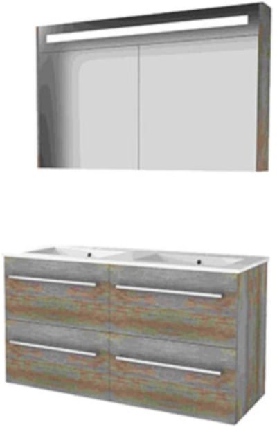 Basic-Line Premium 46 Badkamermeubelset - 120 x 46 cm - Met Grepen - 4 Lades - Keramische Wastafel - 2 Kraangaten - Spiegelkast met LED Verlichting - Scotch Oak