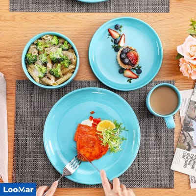 LooMar Luxe Serviesset – 16 delig – 4 persoons – Porselein - Bordenset – Dinner platen – Dessertborden - Kommen - Mokken - Set - Blauw