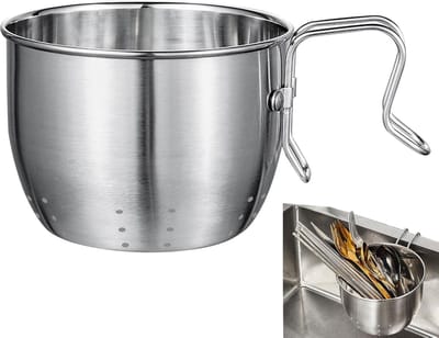 Afvoermand, 4,5 cm roestvrijstalen hangende gootsteenmand filter met handvat, multifunctionele gootsteenzeef voor aftappen, afspoelen van fruit, groenten, gootsteenaccessoires