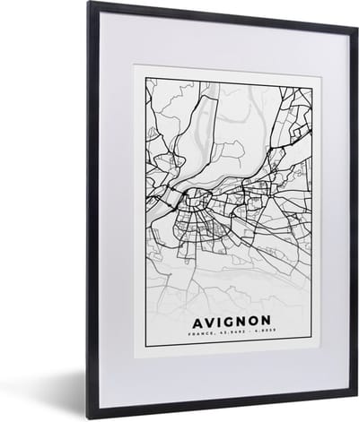 Fotolijst incl. Poster Zwart Wit- Stadskaart - Frankrijk - Kaart - Plattegrond - Avignon - Zwart wit - 30x40 cm - Posterlijst