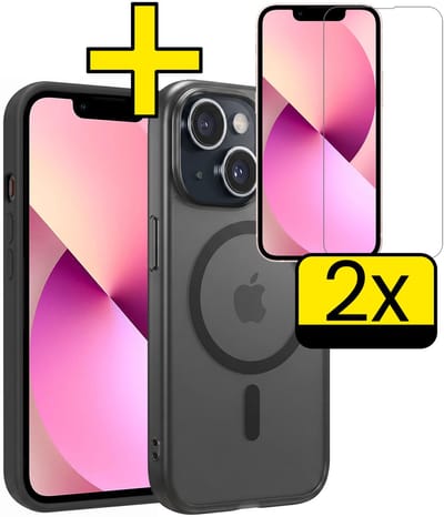 Hoesje - Met 2x Screenprotector - Geschikt voor Apple iPhone 14 - Magsafe Compatible - Sterk & Shockproof - Back Cover - Shock Proof Case - Telefoon Hoes - Telefoonhoesjes - Zwart
