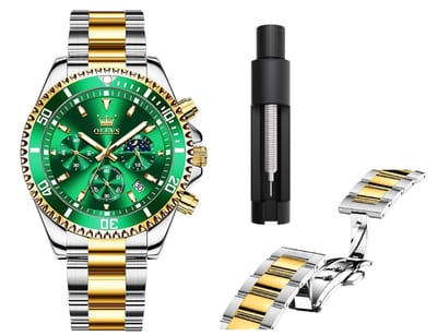 OLEVS Herenhorloge – RVS – Vlindersluiting – Premium Editie – Groen/Zilvergoud – Luxe Horloge voor Mannen
