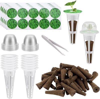Groeisponzen voor hydrocultuur, 50 vervangende kweeksponzen met etiketten, deksels en plantenmanden, ideaal voor tuinieren en plantenverzorging