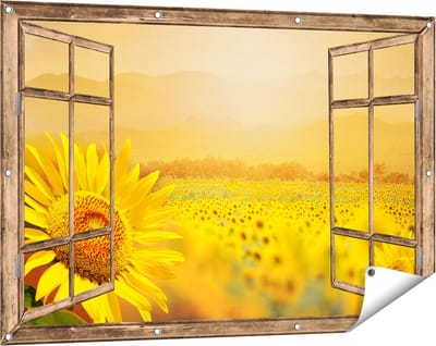 Gards Tuinposter Doorkijk Zonnebloemen Veld met Zonopkomst - 120x80 cm - Tuindoek - Tuindecoratie - Wanddecoratie buiten - Tuinschilderij
