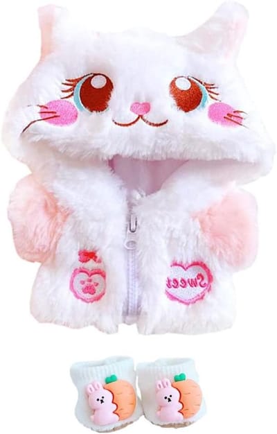 Pluche Poppenkleding - Poppen Outfit - Poppen Aankleden - Jas en Schoenen - 20 cm - Roze