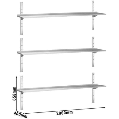 GGM Gastro Wandborde PREMIUM - 2000x400mm - mit 3 Etagen Zilver