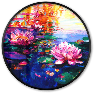 Poster in lijst Rond - Fotolijst 60x60 cm - Posters - Schilderij - Olieverf - Waterlelie - Water - Ronde posterlijst zwart - Decoratie - Wanddecoratie woonkamer - Muurdecoratie slaapkamer