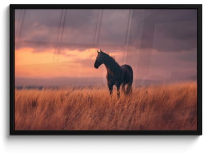 Poster in lijst - Fotolijst 90x60 cm - Posters - Paard - Wolken - Open veld - Posterlijst zwart - Decoratie - Wanddecoratie woonkamer - Muurdecoratie slaapkamer