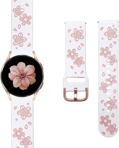 Stravo 20mm Siliconen Bandje met Bloemen Design – Geschikt voor Samsung Galaxy Watch 7 6 5 4 - Classic – Siliconen Horlogeband met Roségouden Gesp voor Garmin Vivoactive 5 3 - Forerunner 245 - Venu SQ 2 - Vivomove - Huawei – Wit / roze