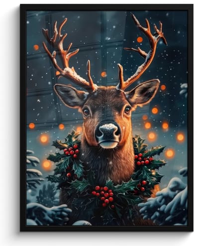 Poster in lijst - Fotolijst 50x70 cm - Posters - Hert - Kerst - Winter - Sneeuw - Kerstkrans - Posterlijst zwart - Decoratie - Wanddecoratie woonkamer - Kerstdecoratie voor binnen - Kerstversiering - Kerstmis versiering in huis - Kerstaccessoires