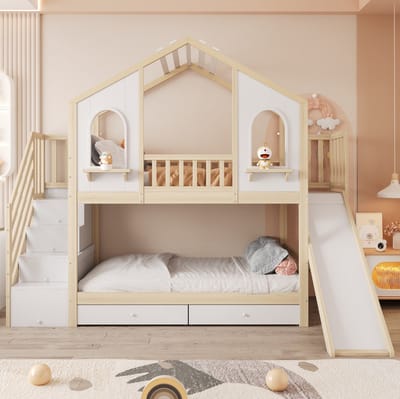 MEUNIQ kinder stapelbed 90 x 200 cm huisvormig met glijbaan, opbergtrap, 2 lades en legplanken, bedframe voor kinderkamer, wit en naturel