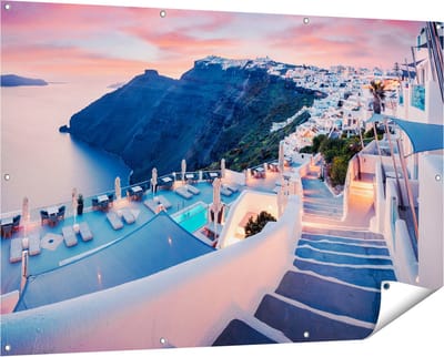 Gards Tuinposter Luxe Huisjes aan de Kust in Fira, Griekenland - 150x100 cm - Tuindoek - Tuindecoratie - Wanddecoratie buiten - Tuinschilderij