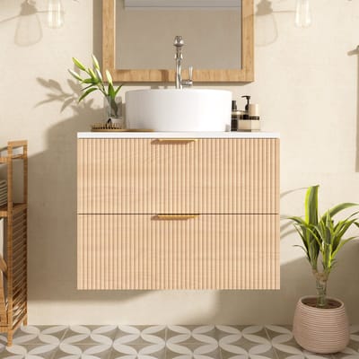 MODENUIT Badkamermeubel - Wandmontage Met Ronde Keramische Wastafel - Voor Kleine Badkamer - MDF Naturel - 60 Cm