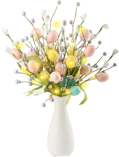 Dailygoods - 3 stuks paaseieren, 40 cm kunsttakken, kunstmatige lentebloemen met bessen, paaseieren en groen satijnen lint voor lentefeesten, tafeldecoratie voor Pasen