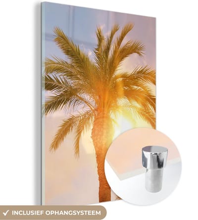 MuchoWow® Glasschilderij 30x40 cm - Schilderij acrylglas - Palmboom - Zomer - Zon - Tropical - Foto op glas - Schilderijen