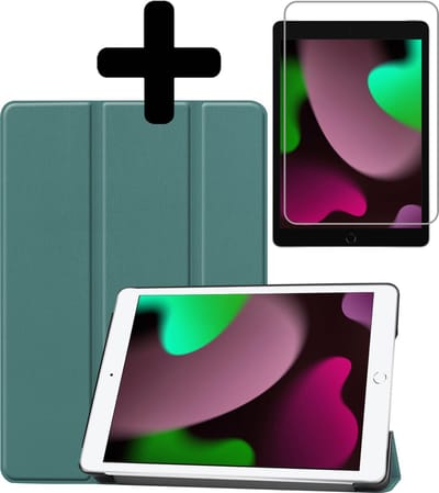 Hoes - Geschikt voor Apple iPad 9 (2021) - 10.2 inch - 9e Generatie - Met Screenprotector - Trifold Bookcase - Hard Cover - Hardcover Book Case - Tablet Hoesje - Donkergroen