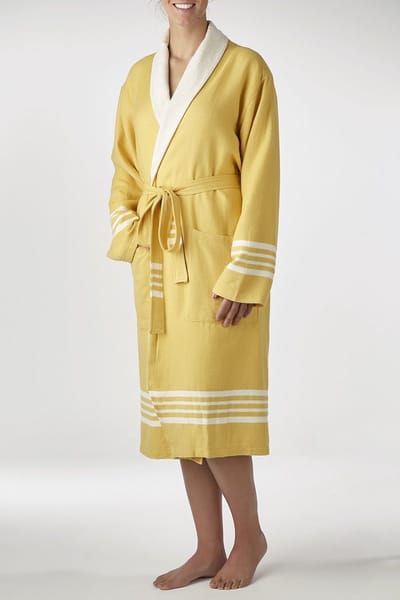 Gevoerde Hamam Badjas Krem Sultan Mustard Yellow - S - Hotelkwaliteit - Sjaalkraag - Luxe badjas - Badstof - Sauna Badjas - Ochtendjas - Badmantel