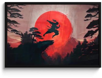 Poster in lijst - Fotolijst 90x60 cm - Posters - Zon - Krijger - Bomen - Bergen - Posterlijst zwart - Decoratie - Wanddecoratie woonkamer - Muurdecoratie slaapkamer