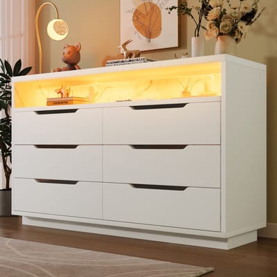 DESMIU Dressoir - Met Ledverlichting En 6 Laden - Opbergkast Voor Woonkamer En Slaapkamer - Spaanplaat - 120x40x85 Cm - Wit