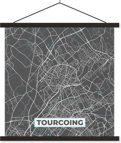 Posterhanger incl. Poster 60x60 cm - Schoolplaat - Tourcoing - Frankrijk - Stadskaart - Kaart - Plattegrond - Textielposter - Zwarte latten - Stadskaart