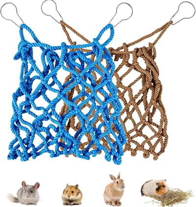 Voederstation voor konijnen en kleine dieren, 2 stuks, 35 x 28 cm, inclusief metalen haken en hooizak, ideaal voor hamsters en gevogelte