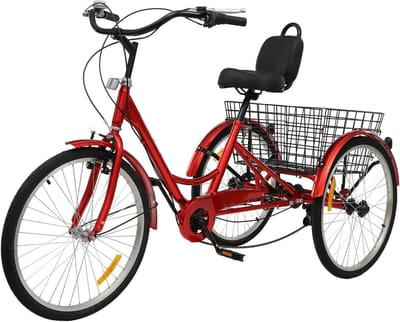 Driewieler voor volwassenen - Comfortfiets driewieler - Winkelen en vrije tijd - 7 versnellingen boodschappenmand - 24 inch - Rood