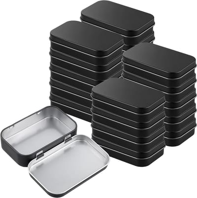 Rechthoekige scharnierende blikken, zwarte metalen opbergdozen voor kleine voorwerpen, 9,5 x 6 x 2,2 cm, set van 20 stuks, ideaal voor organisatie en opslag