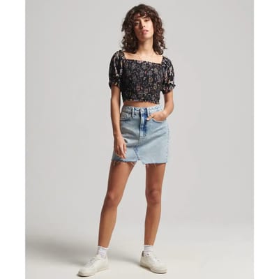 Superdry Vintage Smocked Crop Korte Mouw Top Zwart M Vrouw