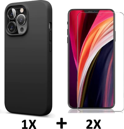 HB Hoesje Geschikt voor Apple iPhone 13 Pro - Zwart / 2X Glazen Screenprotector - Siliconen Back Cover