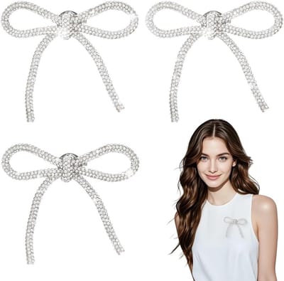 3Pcs Zilveren Strik Strass Broche Kristal Boog Pin Esthetische Coquette Strik Tie Polyester Decoratieve Sieraden Craft Pins voor DIY Bruiloft Party Jurk Kleding Pak Rugzakken Craft