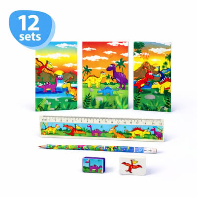 Isa's Friends® - Uitdeelcadeaus Dino Schrijfset - 12 Sets - Traktatie - 5-Delig - Uitdeelcadeautjes voor Kinderen